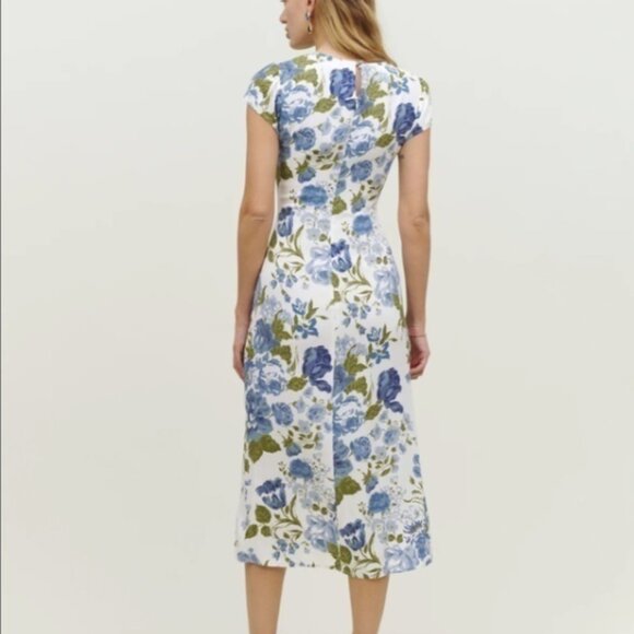 Reformation Blue Floral Crepe Frasier Dress in Lucca - Picture 8 of 9